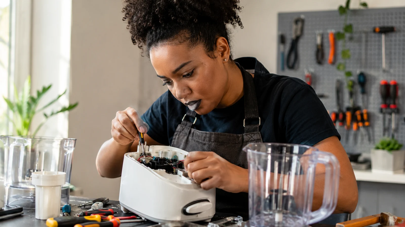 Profissional reparando pequeno eletrodoméstico em assistência técnica