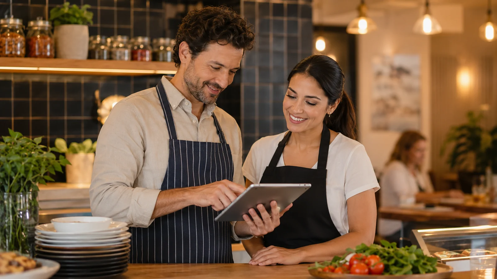 Equipe de pequeno restaurante organizando cardápio e pedidos em tablet