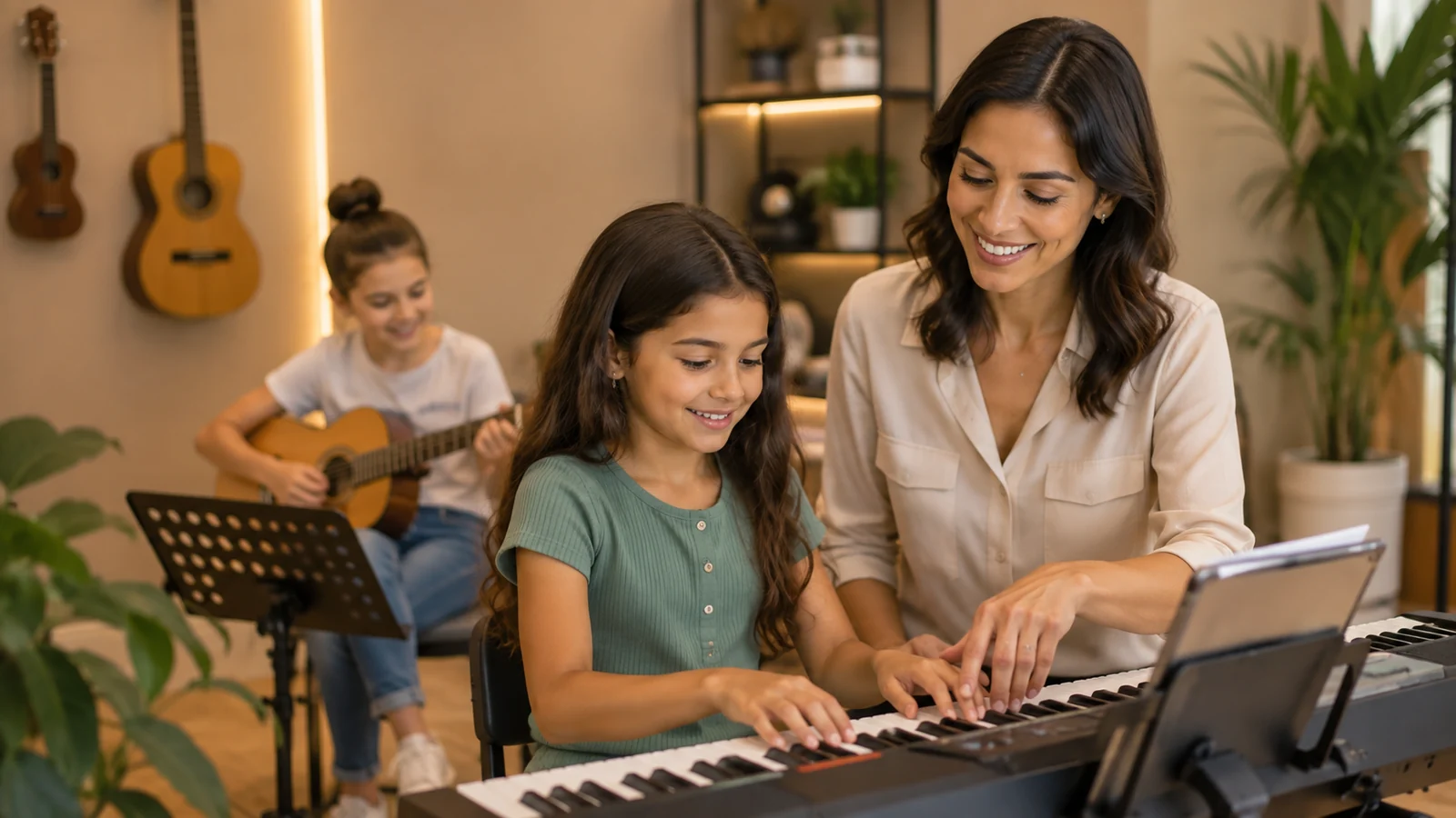 Aula e organização de alunos em pequena escola de música e cursos livres