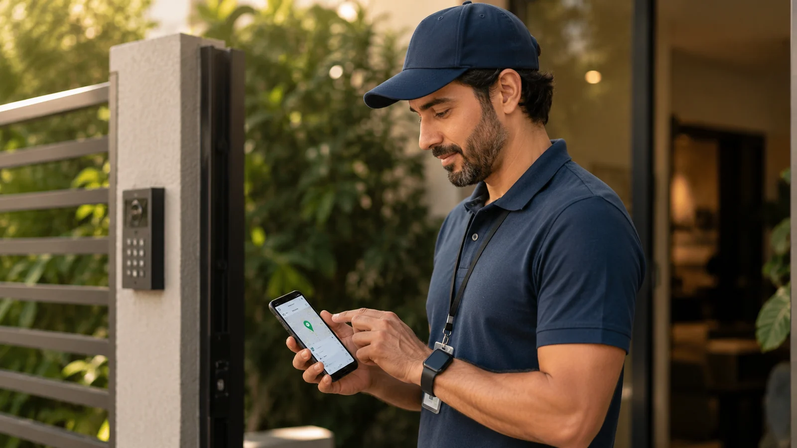 Funcionário em campo confirmando localização pelo celular antes de registrar atividade