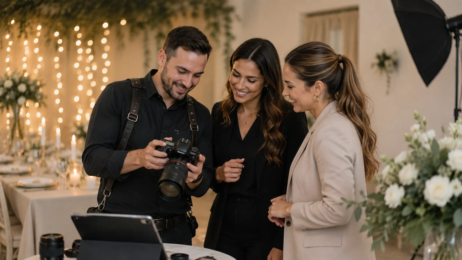 Fotógrafo e pequena equipe organizando atendimento e cobertura de evento