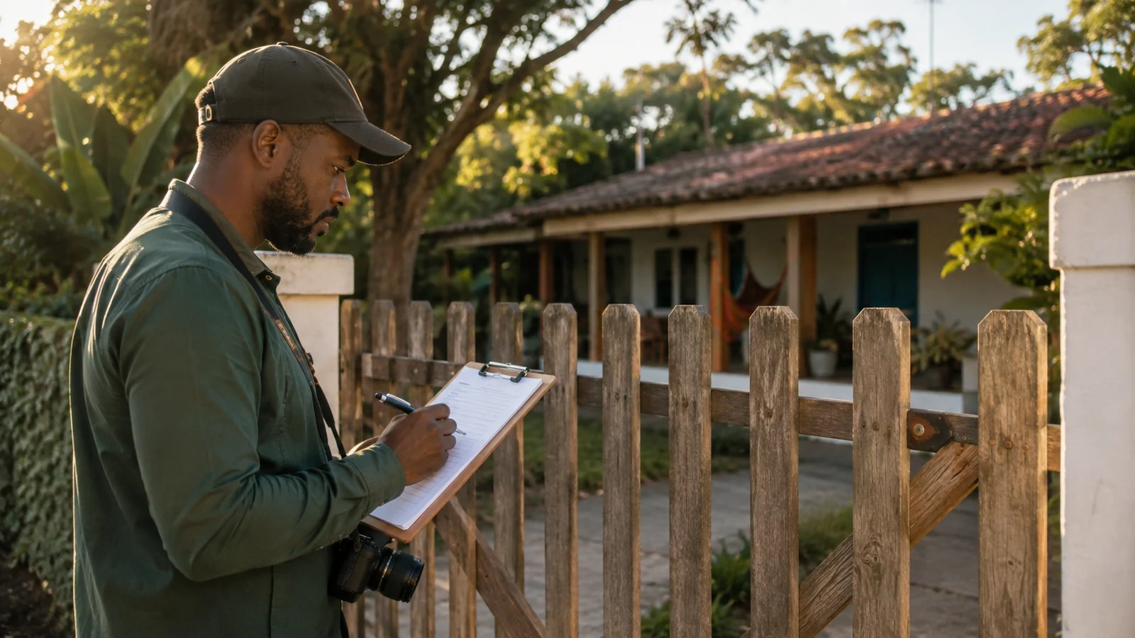 Profissional realizando vistoria de campo em pequena propriedade